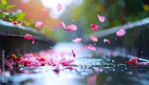 Pink flower petals floating in the air above a morning stream