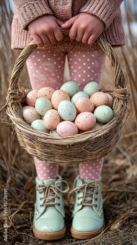 Colorful Easter Egg Basket Held by Child in Polka Dot Leggings at Outdoor Loc...