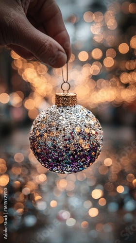 Holiday Ornament Glistening Against Blurred Lights in Festive Atmosphere