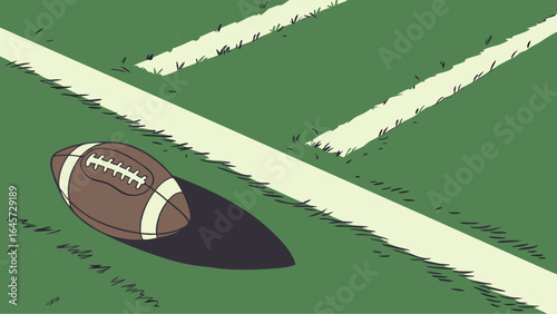 American Football on a Green Field with White Lines.