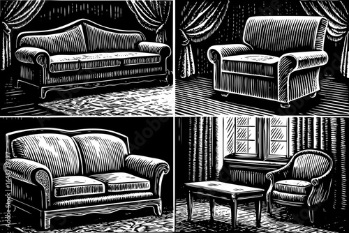 Vintage sofa and furniture engravings in classic black and white style, retro interior design, antique decor, illustration projects, and timeless home styling concept