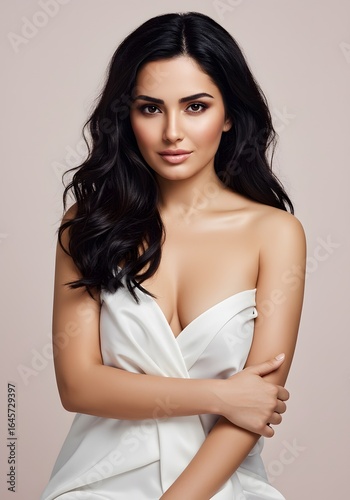 Beautiful Pakistan Indian Latin Super model Holding white cloth skincare glowing girl woman