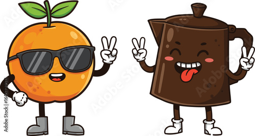 Funny cartoon orange and coffee pot characters, cute fruit and drink illustration, happy mascot design, vector art for children and advertising