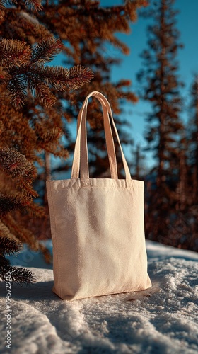 Cotton Tote Bag Resting Against a Snow-Covered Tree in Winter Sunlight.