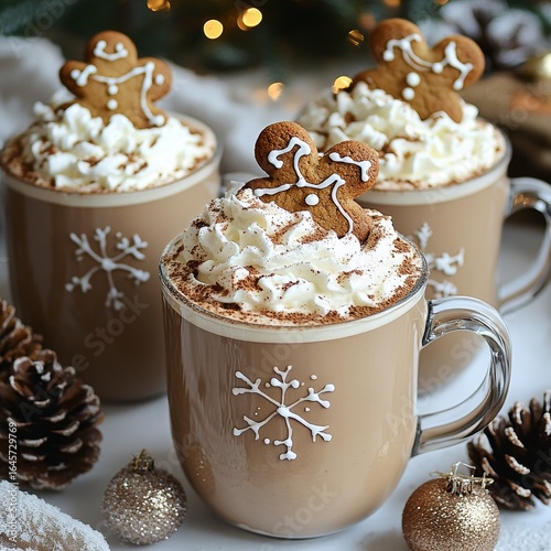 Holiday Drinks With Whipped Cream and Gingerbread Cookies in Cozy Setting.