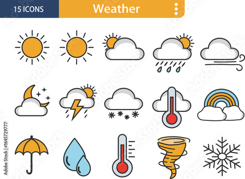 Weather icon set featuring sun, cloud, rain, wind, moon, lightning, snow, thermometer, rainbow, umbrella, drop, tornado, and snowflake, isolated on white background
