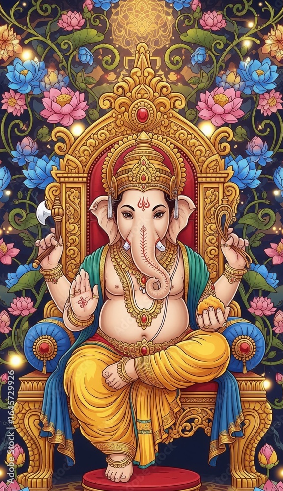 Fototapeta premium Vibrant Lord Ganesha on Golden Throne with Lotus and Lights – Vertical Mobile Festival Wallpaper