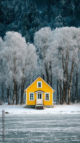 Colorful Yellow House Contrasts With Snowy Forest Backdrop in Tranquil Winter...