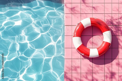 Lifebuoy Rests on Pink Tiles Beside a Shimmering Pool During a Sunny Day