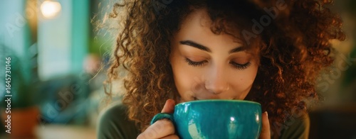 The turquoise mug cradled by a smiling woman in warm cafe light