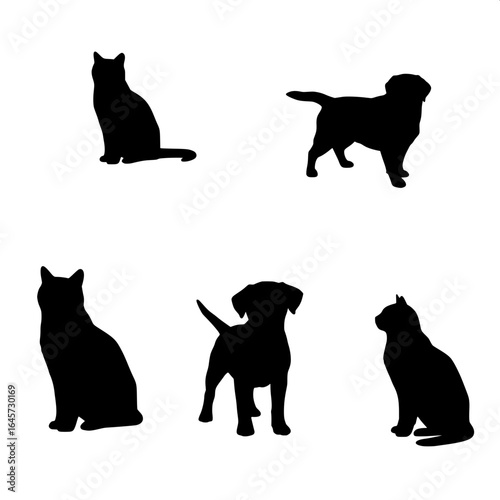 Black and white silhouettes of cats and dogs in cute and simple poses.