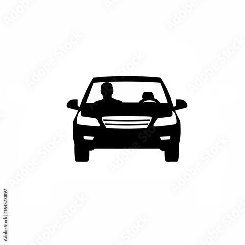 Joyful mature man driving a modern suv silhouette isolated on white background