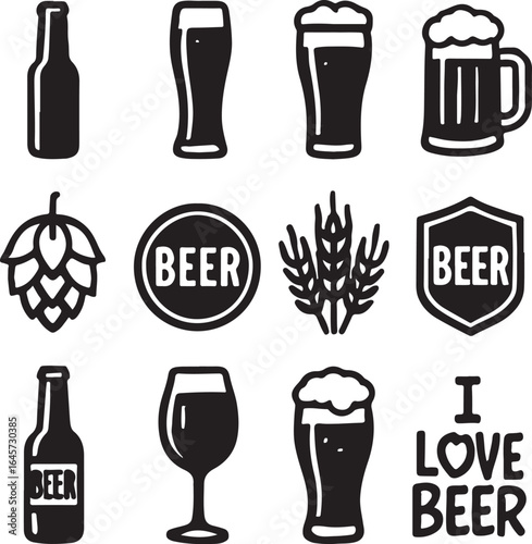 set of beer bottles and glasses