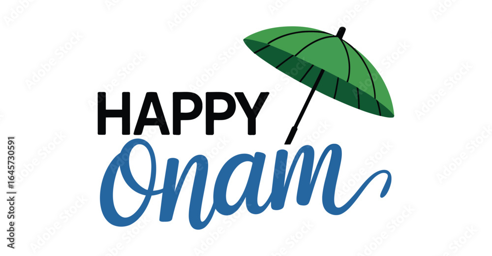 Fototapeta premium Minimal Onam greeting with green umbrella and stylish Happy Onam text in black and blue, ideal for Kerala festival celebration and festive design