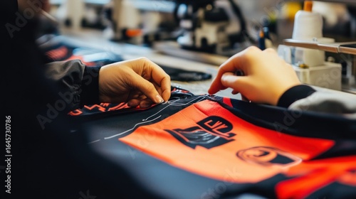 Close-up of hands meticulously sewing a custom racing suit.  Detailed design elements, showcasing the intricate stitching process and quality craftsmanship