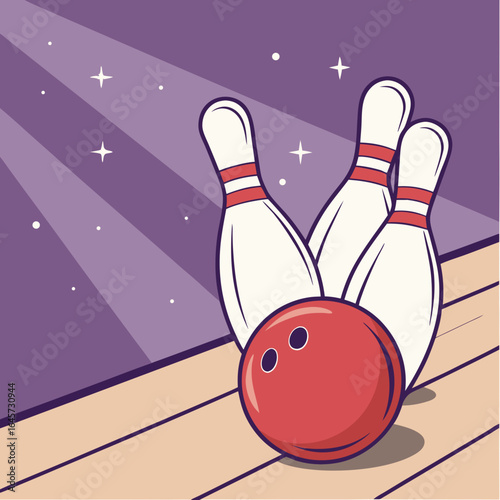 Bowling Ball and Pins Striking in Alley.