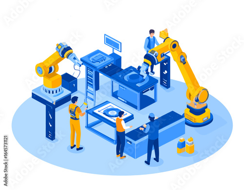 Isometric concept of a smart factory with engineers and robotic arms collaborating on an automated production line.