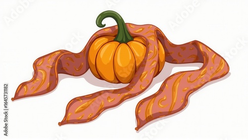 Stylized orange pumpkin is draped with patterned scarf, creating a whimsical autumn image.