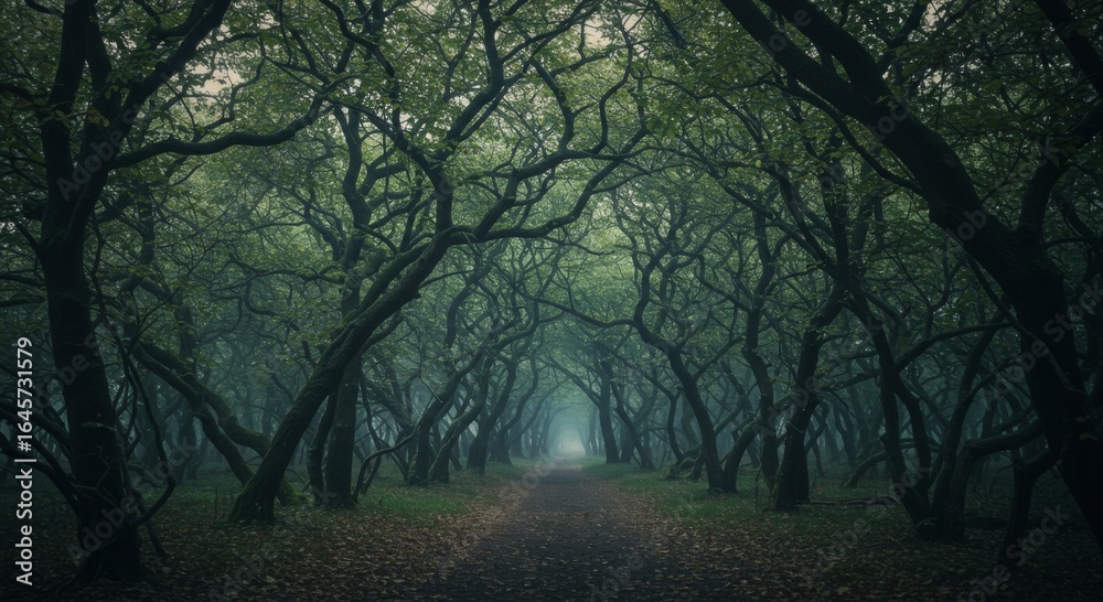 Obraz premium Mysterious Dark Green Forest Path with Fog