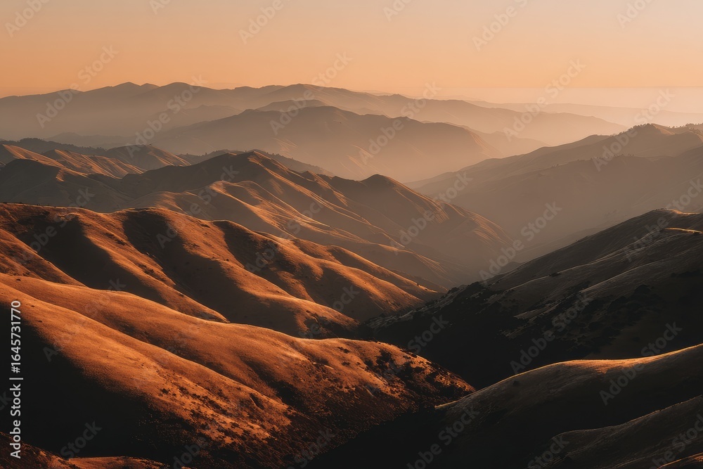 Naklejka premium Sunrise hues paint rolling mountain ranges