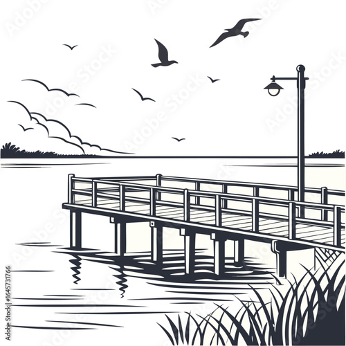 Beautiful vector illustration of a fishing pier over calm waters with flying birds, perfect for travel posters, fishing tourism designs, and outdoor lifestyle branding.