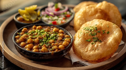 Fototapeta Naklejka Na Ścianę i Meble -  Indian chole bhature chickpea curry fried bread pickle garnish