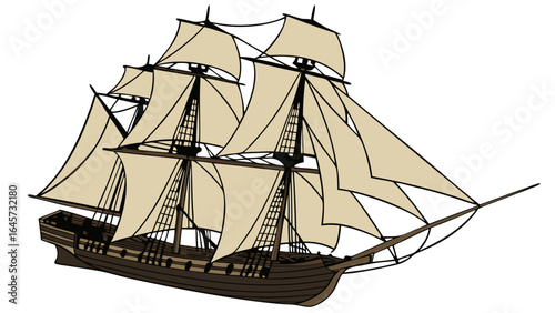 Classic ThreeMasted Sailing Ship with Beige Sails.