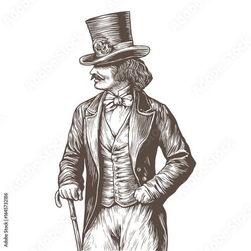 Ringmaster with Cane and Top Hat Vector.