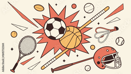 Colorful Sports Equipment Illustration with Balls and Bats.