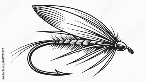 Detailed Black and White Fly Fishing Lure.