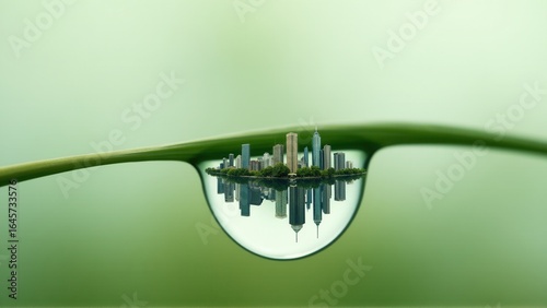Green droplet reflecting urban cityscape, showcasing harmony of nature and modern architecture.