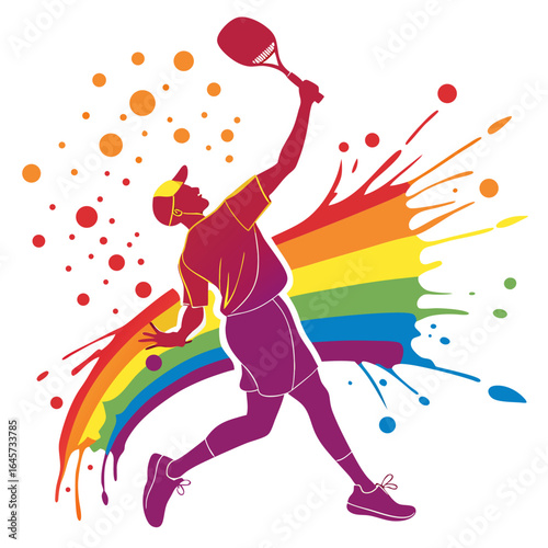 Dynamic Tennis Player Silhouette with Rainbow Splash.