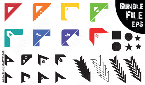 Collection of colorful and black and white graphic design elements including rulers corner shapes geometric icons and abstract botanical illustrations