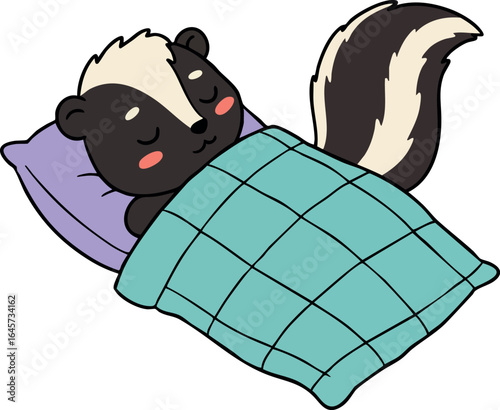 Cute sleeping skunk under green blanket with purple pillow vector illustration 
