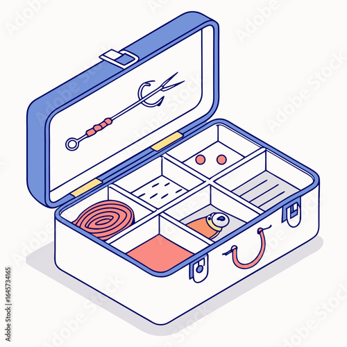 Detailed isometric vector of a fishing tackle box with organized fishing gear, great for instructional guides, sporting goods catalogs, or angling club promotions.