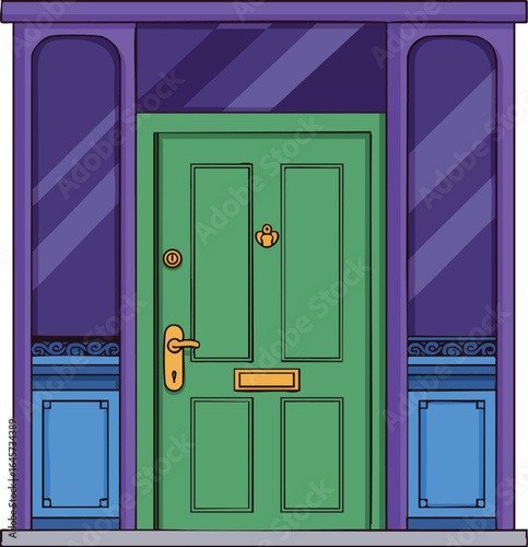 Green front door with purple and blue decorative frame vector illustration 