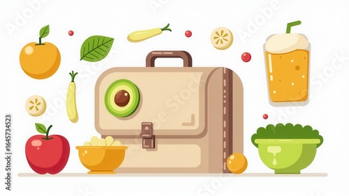 Stylized illustration of a healthy lunch, featuring fresh fruits, a smoothie and a lunchbox.