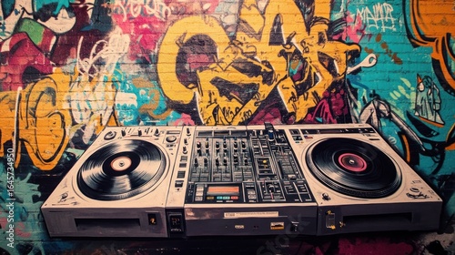 DJ equipment against a vibrant graffiti wall