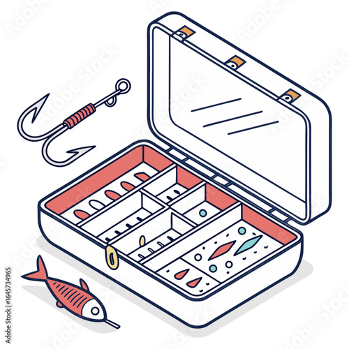 Detailed isometric vector of a fishing tackle box with organized fishing gear, great for instructional guides, sporting goods catalogs, or angling club promotions.
