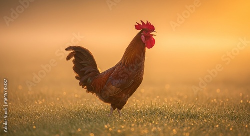 Rooster at Sunrise in a Misty Field