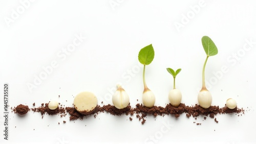 Seed germination stages shown from initial planting to full plant growth on a white surface.