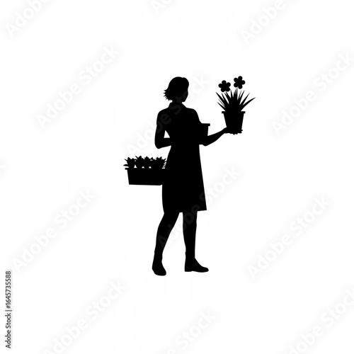 Silhouette of a plant shop owner holding a fresh flower pot isolated on white background