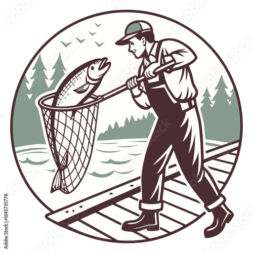 Detailed vector of an angler holding a landing net containing a fish, ideal for sport fishing posters, gear advertisements, and outdoor lifestyle branding.