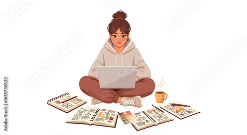 Illustration of a woman sitting cross-legged with a laptop, surrounded by sketchbooks and a cup of coffee.