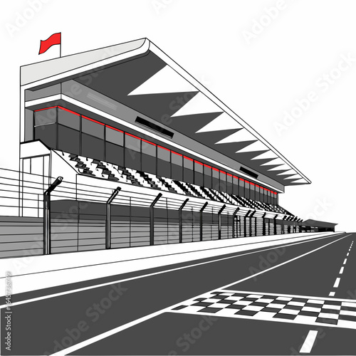 Grandstand and Racetrack Illustration with Checkered Finish Line.