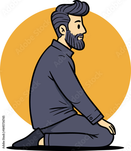 Man Sitting on Knees Meditating with Mustard Yellow Circle Background Vector Illustration 