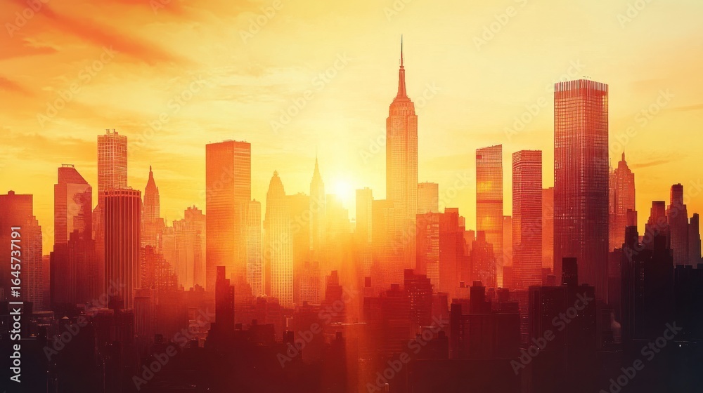 Fototapeta premium Fiery sunset over a bustling city skyline