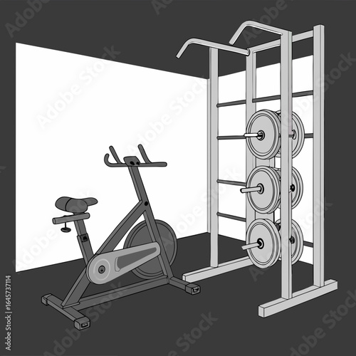 Gym Equipment Stationary Bike and Weight Rack.