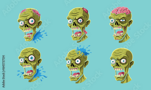 Zombie cartoon heads illustration, creepy undead monster faces, scary horror character set, spooky Halloween artwork, detailed vector design, terrifying brain-eating creatures