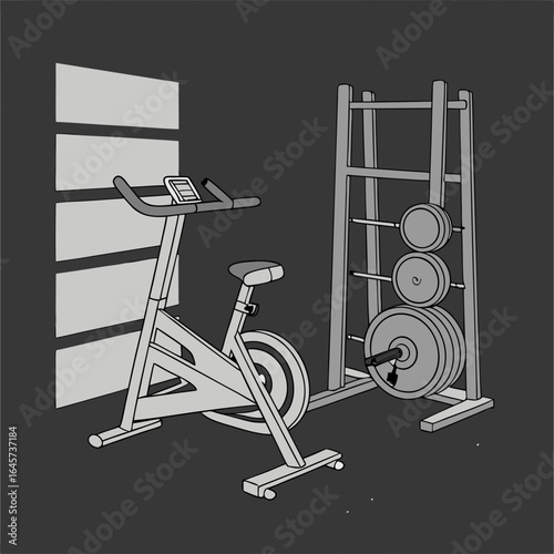 Gym Equipment Stationary Bike and Weights Rack.